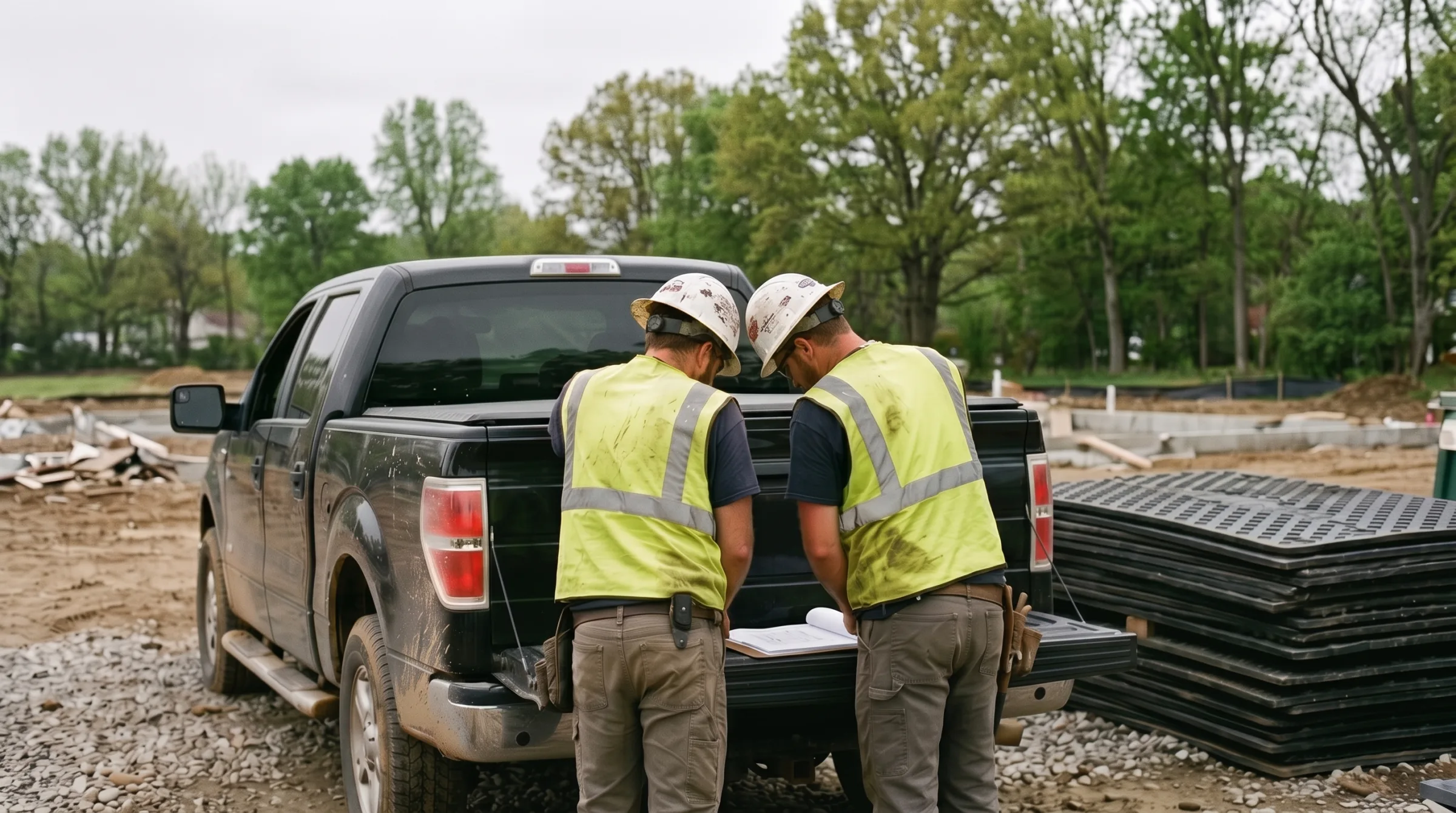 Crew reviewing a site plan on a clipboard at a truck tailgate