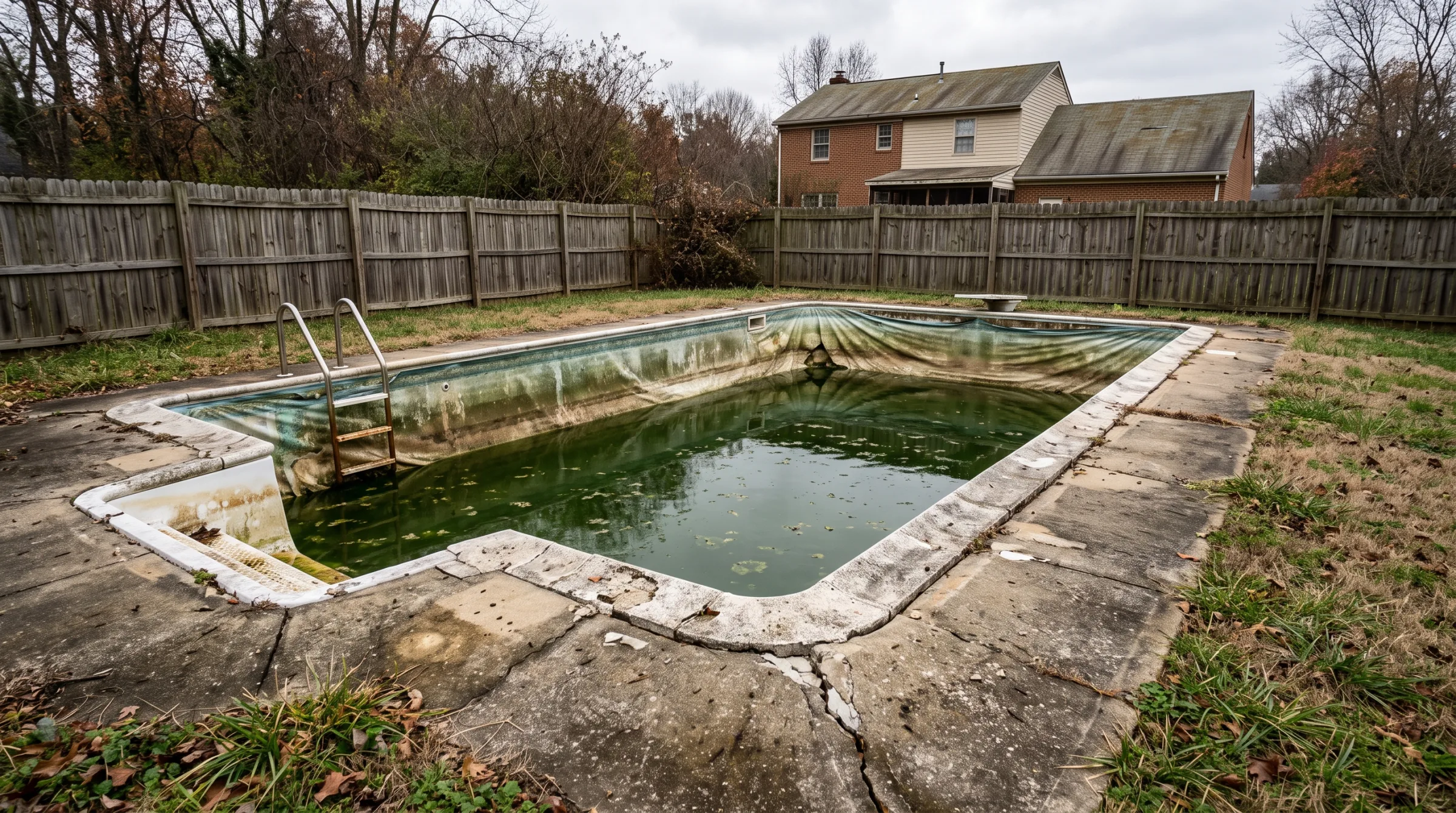 Aging cracked in-ground pool with green water before removal in Prince William County
