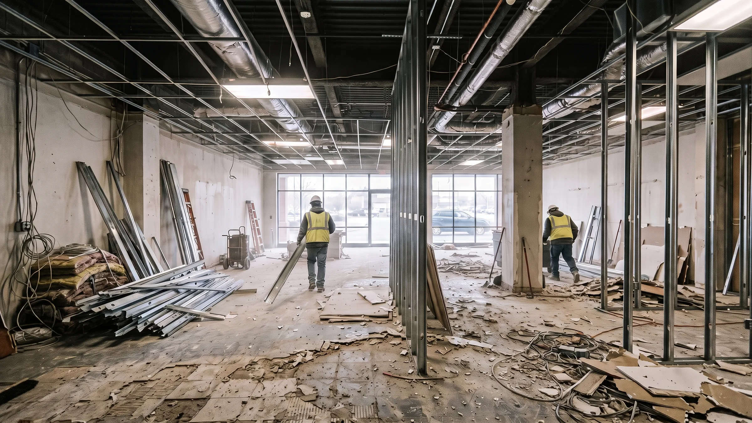 Crew stripping out a vacant retail unit during commercial demolition in Prince William County, with ceiling grid down and partition walls opened to the studs