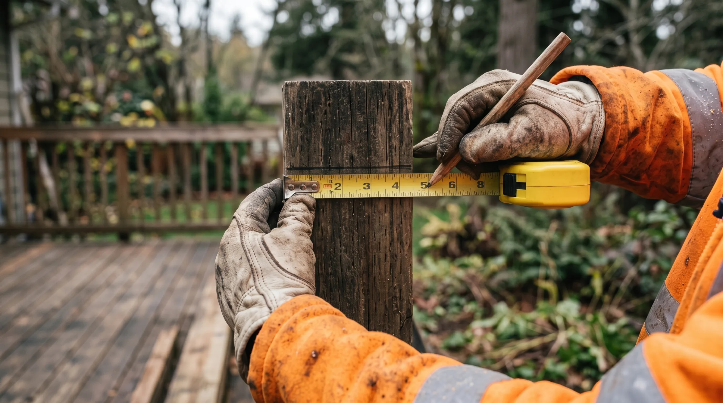 Gloved hands measuring a deck post with a tape measure