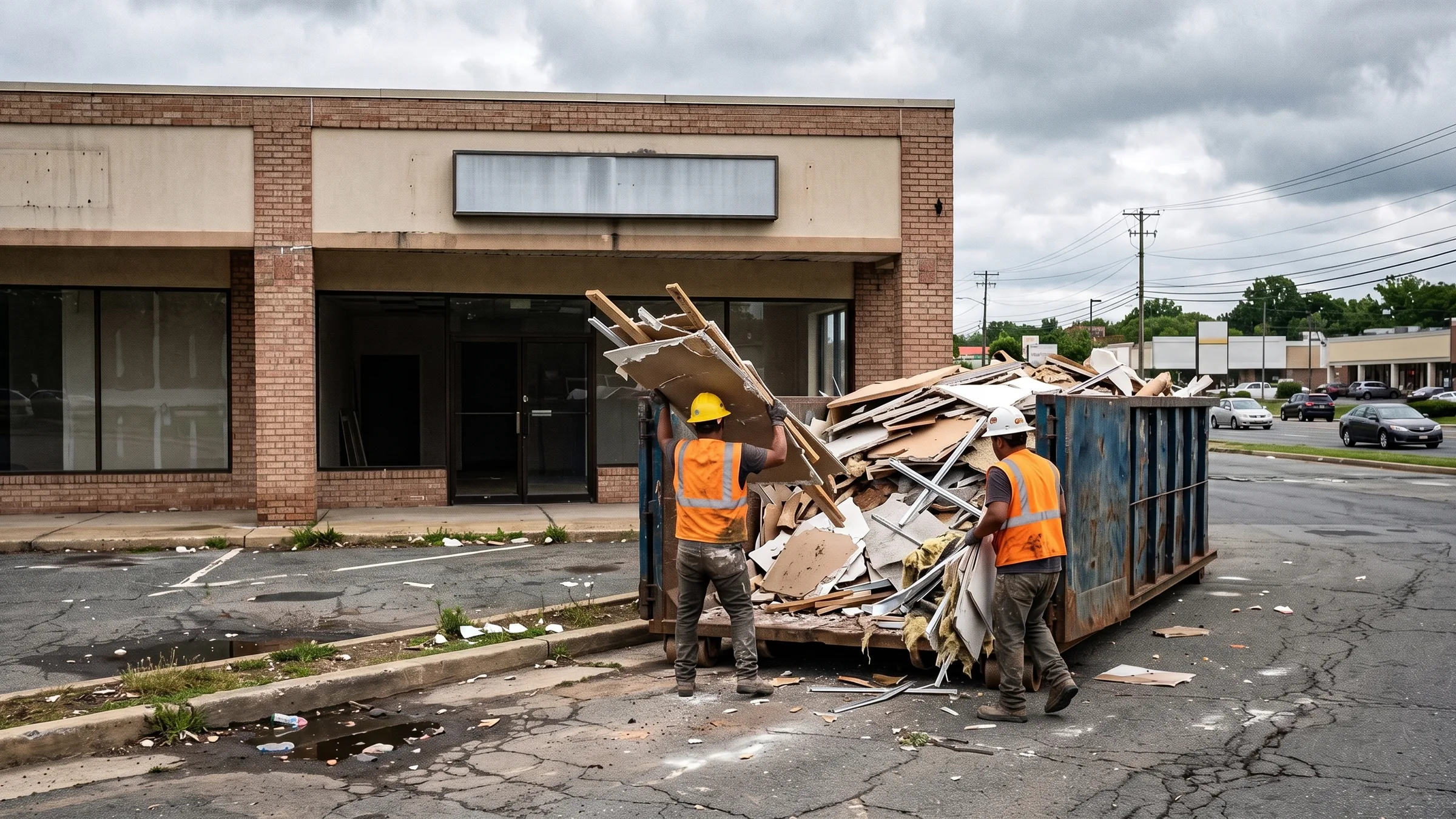 Crew loading interior debris into a roll-off container outside a vacant Route 1 corridor retail unit in Woodbridge, Virginia
