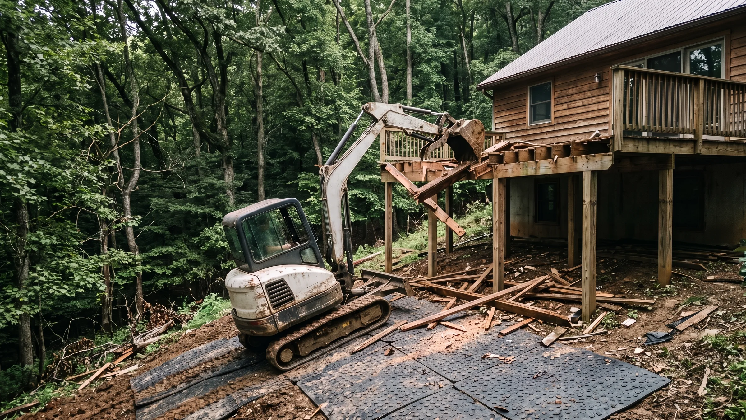 Mini excavator working on ground protection mats to remove a tall backyard deck on a sloped wooded lot in Lake Ridge, Virginia