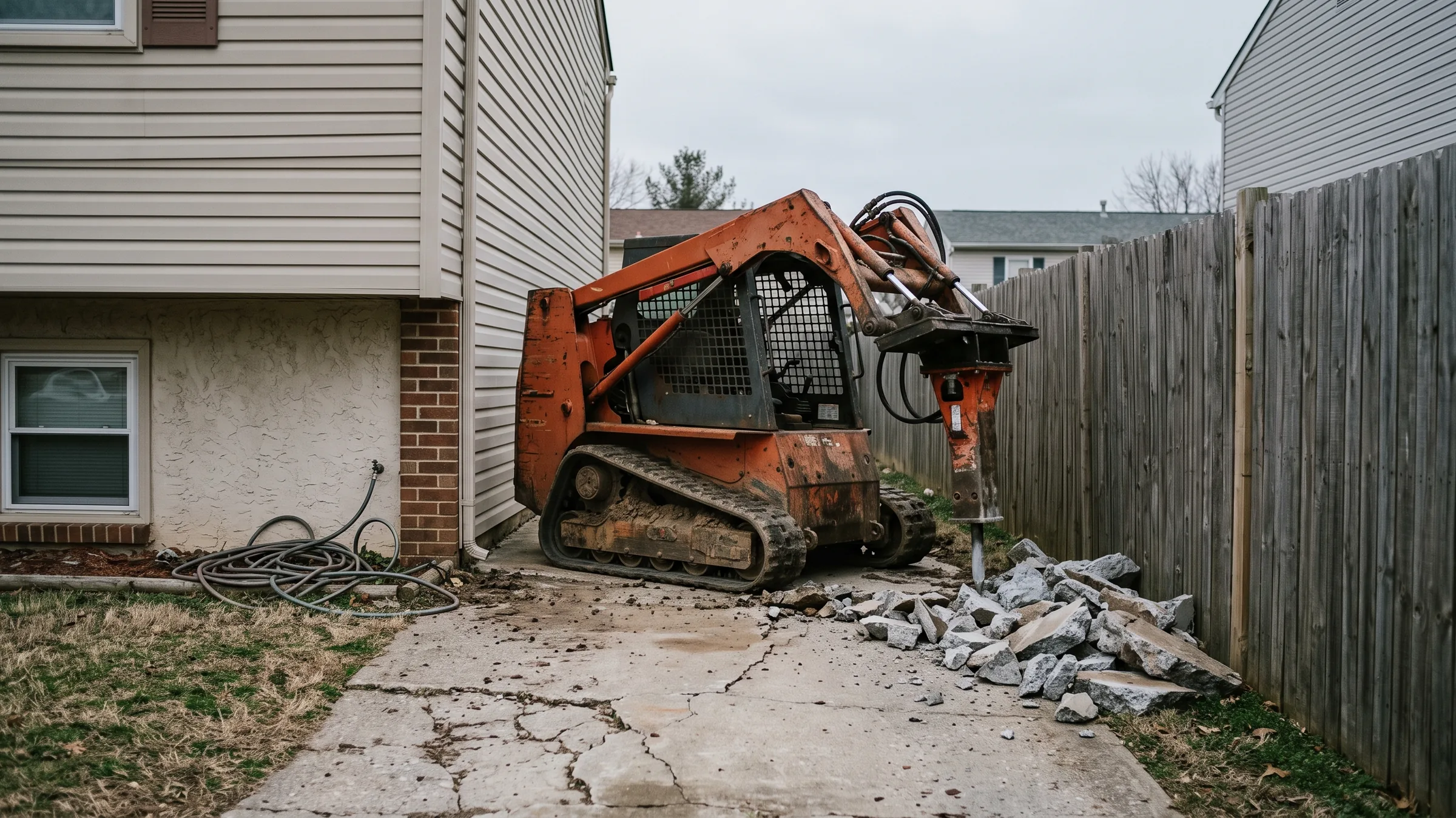 Compact track loader breaking apart a cracked concrete driveway beside a 1970s split level home on a narrow Dale City lot