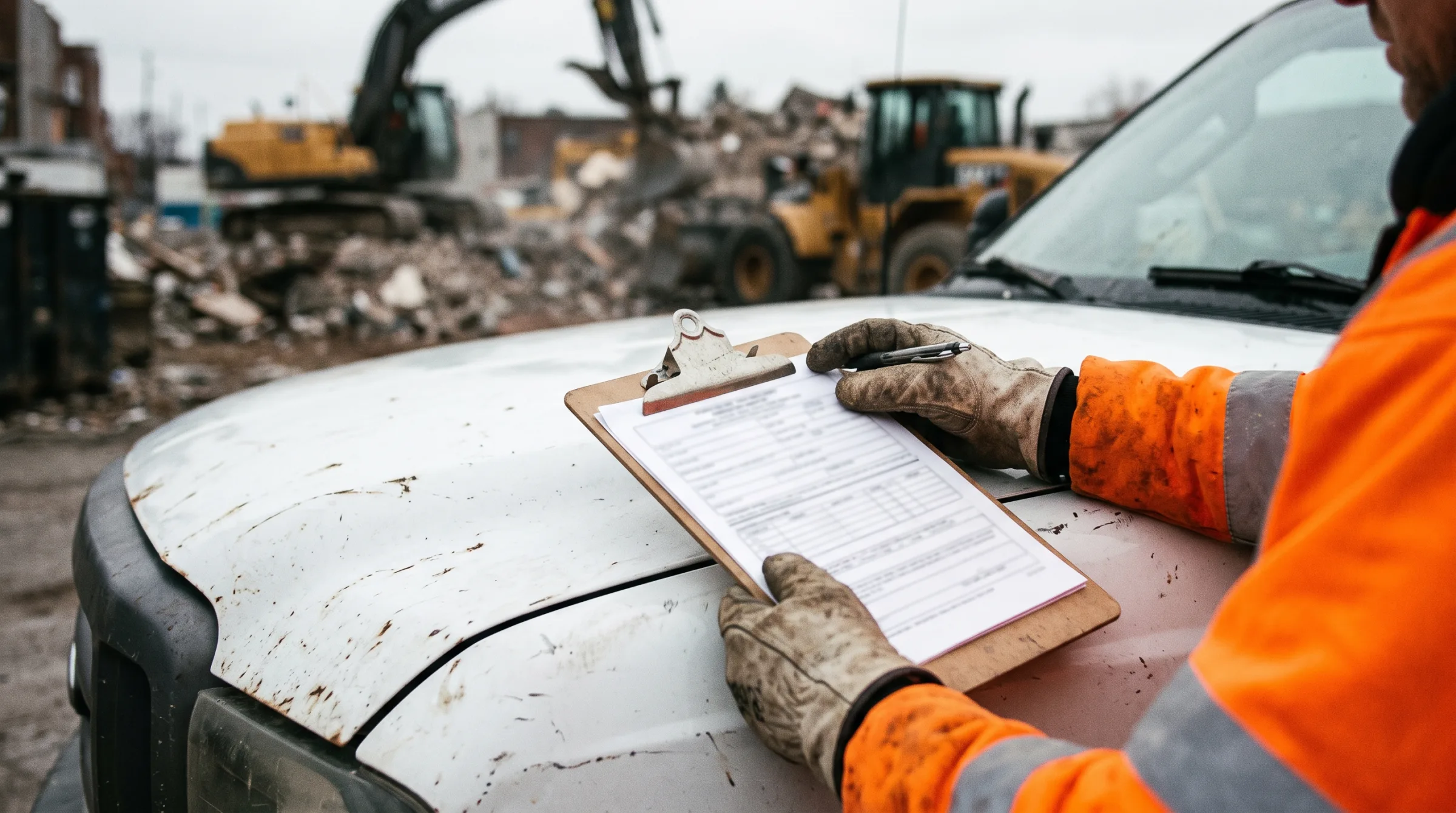 Gloved hands reviewing permit paperwork on a truck hood