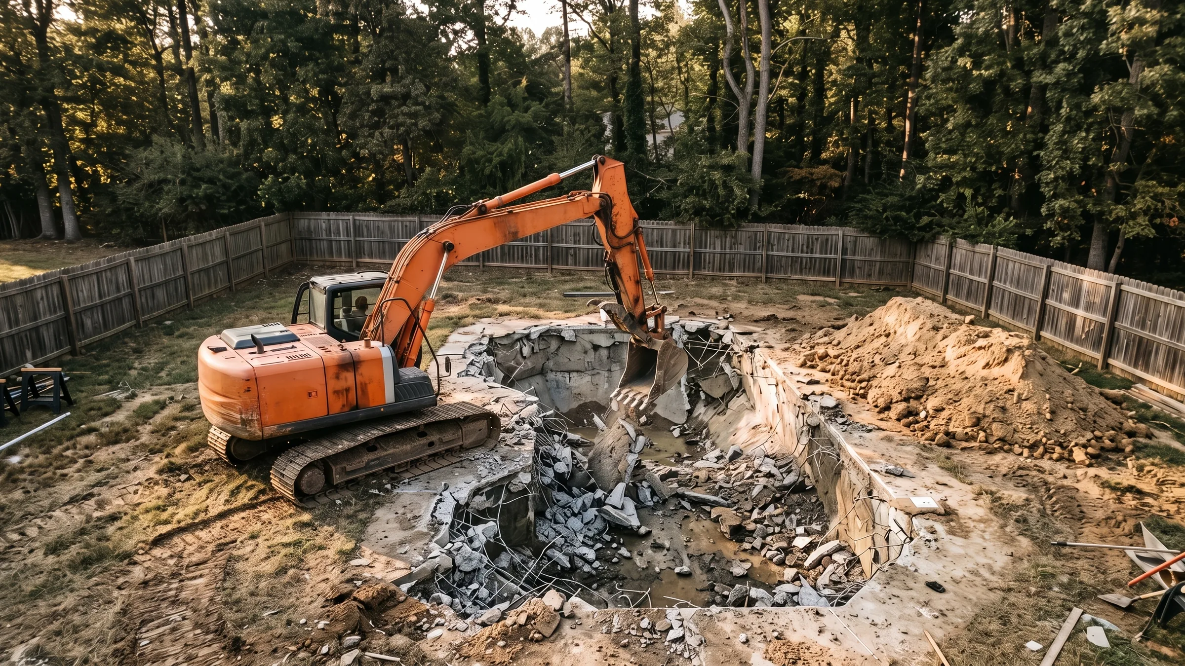 Excavator breaking out the shell of an in-ground pool during a pool removal in Prince William County, with fill dirt staged beside the open hole