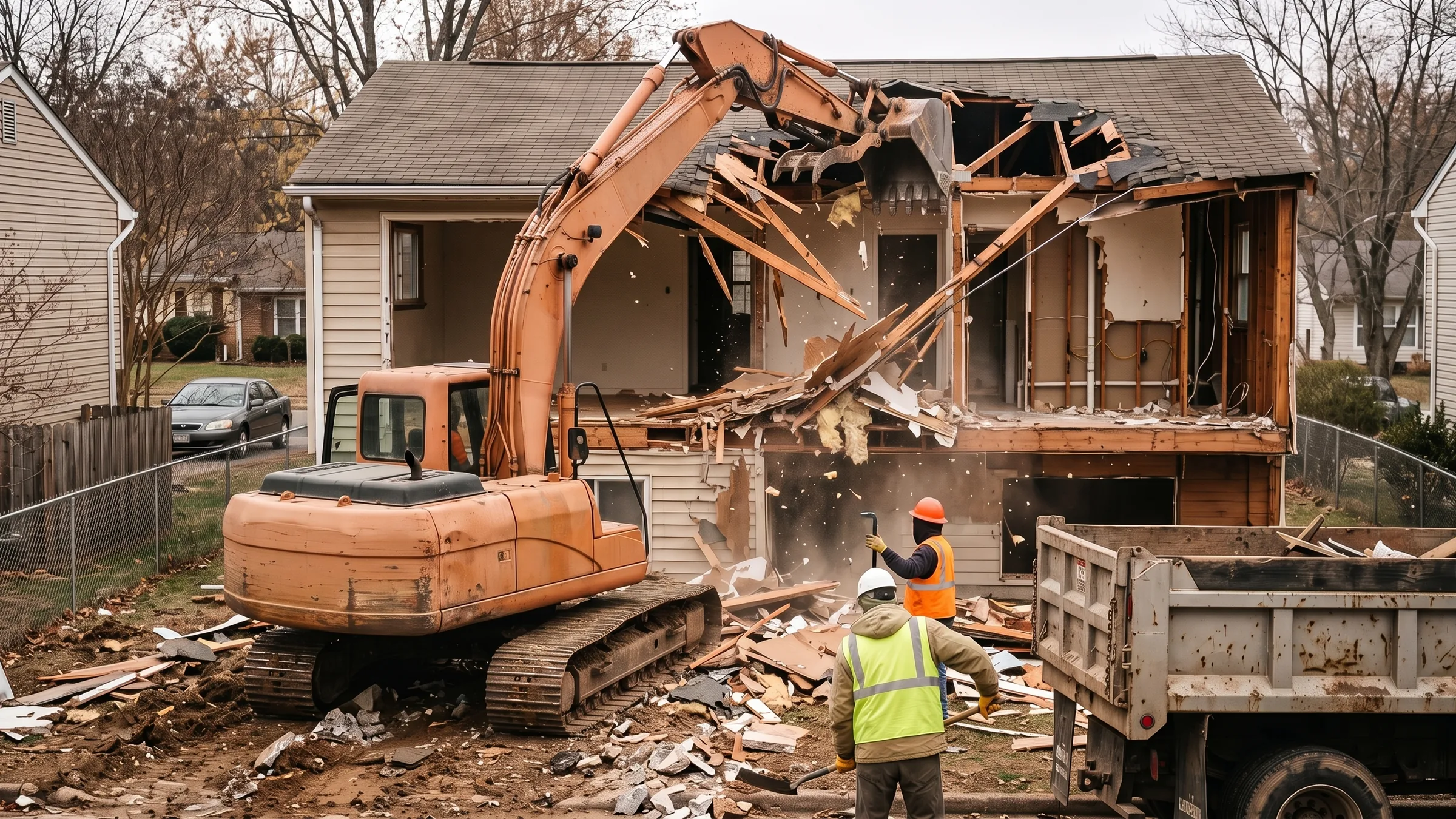Excavator taking down a single-family house during a residential demolition in Dale City, VA with debris being loaded into a haul truck